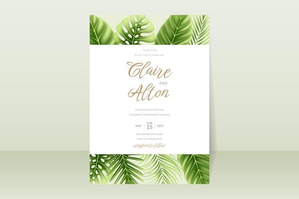 Wedding invitation template with realistic tropical summer leaves