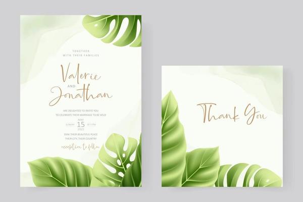 Wedding invitation template with realistic tropical summer leaves