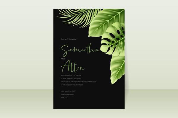 Wedding invitation template with realistic tropical summer leaves