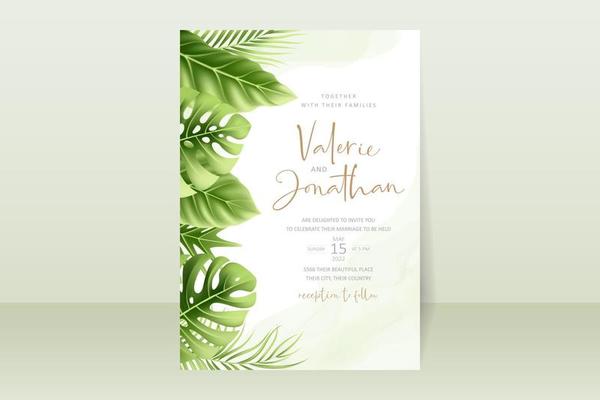 Wedding invitation template with realistic tropical summer leaves