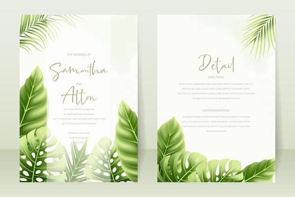 Wedding invitation template with realistic tropical summer leaves