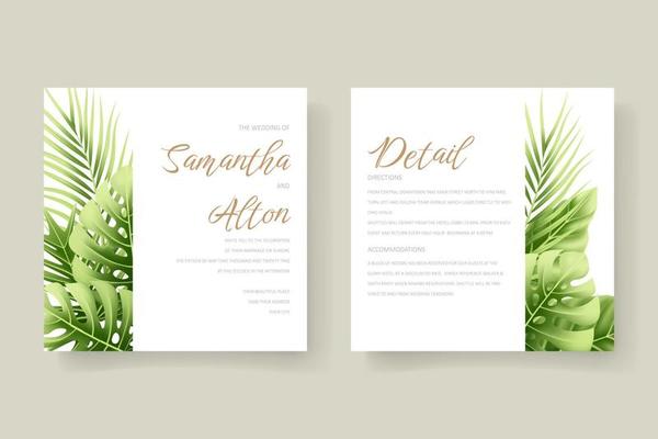 Wedding invitation template with realistic tropical summer leaves