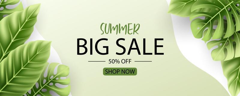 Summer sale banner design with tropical leaves background