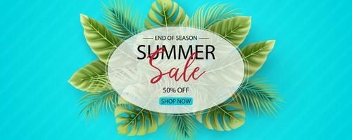 Summer sale banner design with tropical leaves background vector