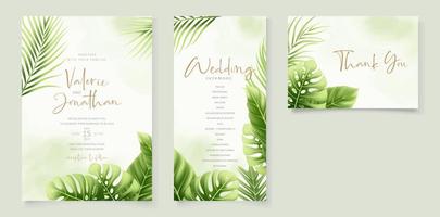 Wedding invitation template with realistic tropical summer leaves vector