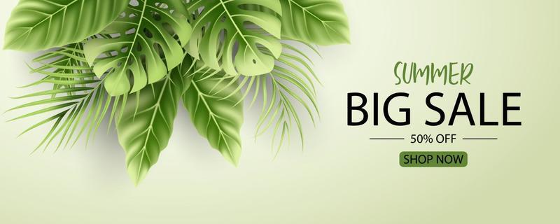 Summer sale banner design with tropical leaves background