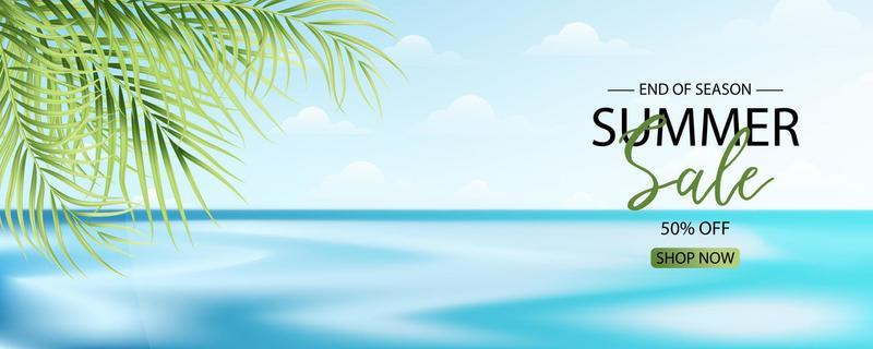 Summer sale banner design with tropical leaves background