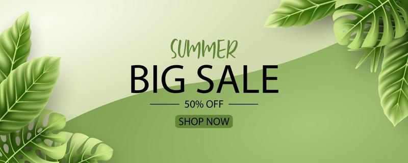 Summer sale banner design with tropical leaves background