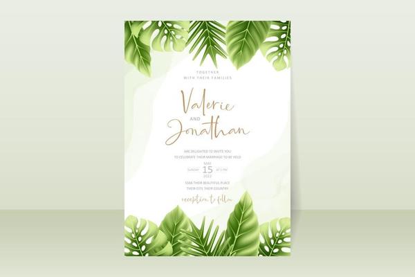 Wedding invitation template with realistic tropical summer leaves