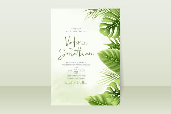 Wedding invitation template with realistic tropical summer leaves