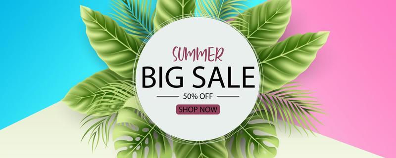 Summer sale banner design with tropical leaves background