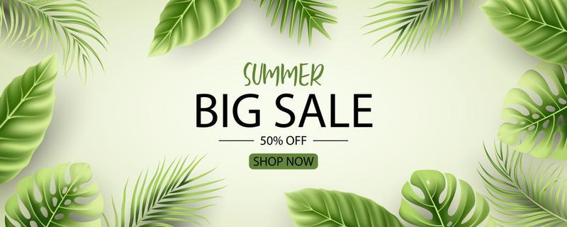 Summer sale banner design with tropical leaves background