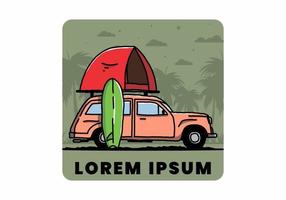 Illustration of car with a roof tent and a surfboard on the side vector