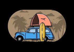 ilustración de un coche con una carpa en el techo y una tabla de surf al costado vector