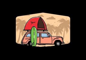 ilustración de un coche con una carpa en el techo y una tabla de surf al costado vector