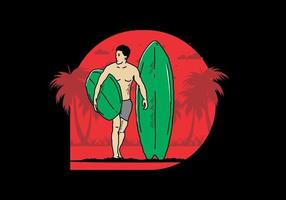 el hombre sin camisa que sostiene la ilustración de la tabla de surf vector