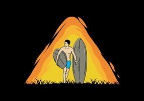 el hombre sin camisa que sostiene la ilustración de la tabla de surf vector