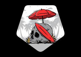 illustration of skull with surfing board under beach umbrella vector