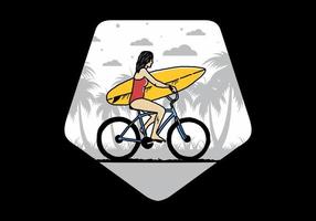 ilustración de una mujer que va a surfear en bicicleta vector