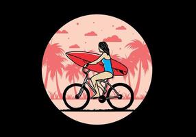 ilustración de una mujer que va a surfear en bicicleta vector