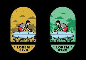 andar en bicicleta con una ilustración de tabla de surf vector