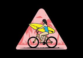 illustration of a woman going surfing on a bicycle vector