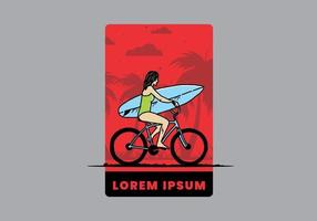 ilustración de una mujer que va a surfear en bicicleta vector