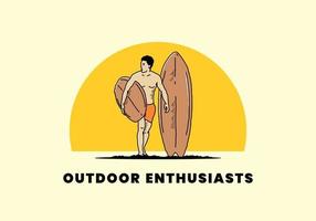 The shirtless man holding surfboard illustration vector