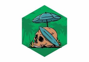 illustration of skull with surfing board under beach umbrella vector