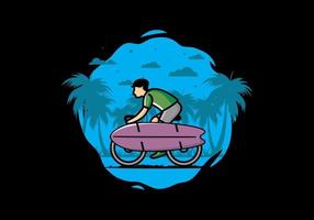 andar en bicicleta con una ilustración de tabla de surf vector