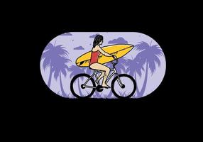 ilustración de una mujer que va a surfear en bicicleta vector