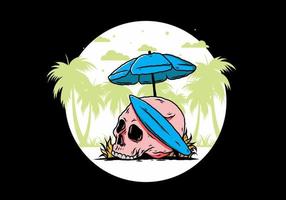 ilustración de calavera con tabla de surf bajo sombrilla de playa vector