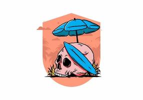 ilustración de calavera con tabla de surf bajo sombrilla de playa vector