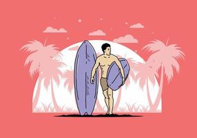 el hombre sin camisa que sostiene la ilustración de la tabla de surf vector