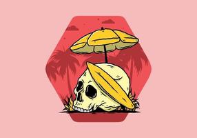 ilustración de calavera con tabla de surf bajo sombrilla de playa vector