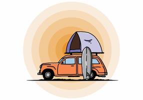 Illustration of car with a roof tent and a surfboard on the side vector