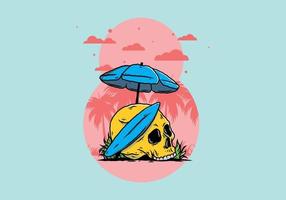 ilustración de calavera con tabla de surf bajo sombrilla de playa vector