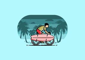 Ride a bike with a surf board illustration vector