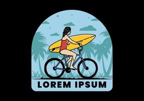 ilustración de una mujer que va a surfear en bicicleta vector