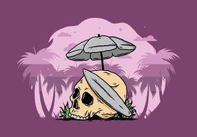 illustration of skull with surfing board under beach umbrella vector