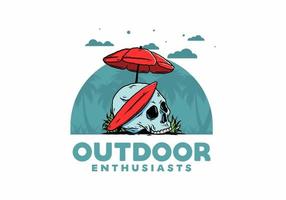 illustration of skull with surfing board under beach umbrella vector