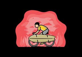 andar en bicicleta con una ilustración de tabla de surf vector