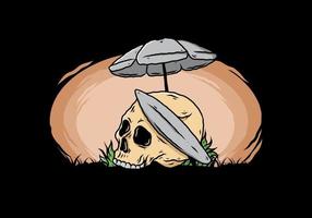 illustration of skull with surfing board under beach umbrella vector