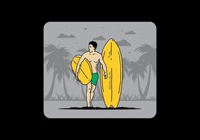 el hombre sin camisa que sostiene la ilustración de la tabla de surf vector