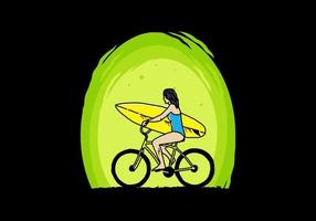 ilustración de una mujer que va a surfear en bicicleta vector