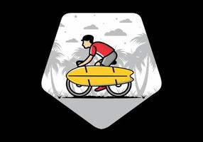 andar en bicicleta con una ilustración de tabla de surf vector