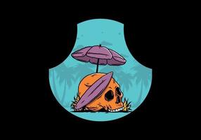 ilustración de calavera con tabla de surf bajo sombrilla de playa vector