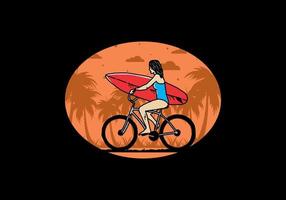 ilustración de una mujer que va a surfear en bicicleta vector