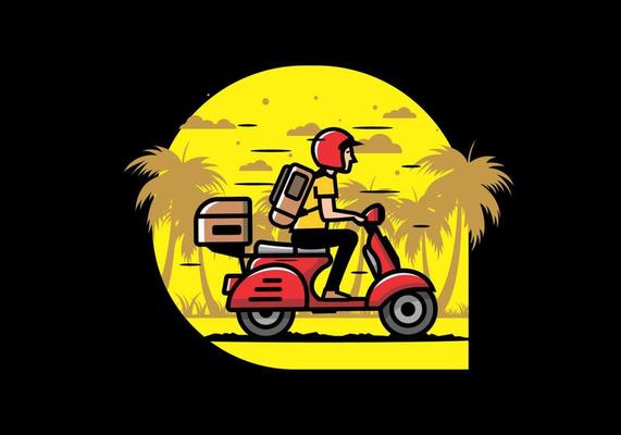 Man goes on vacation riding scooter illustration