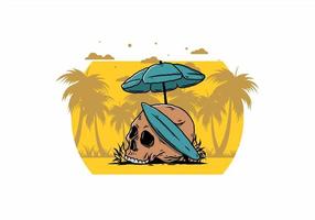 illustration of skull with surfing board under beach umbrella vector